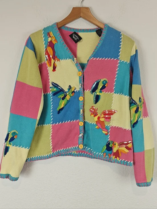 VTG Christina Rotelli Patchwork Bird Cardigan Embroidered Cottagecore M/L - Picture 1 of 13